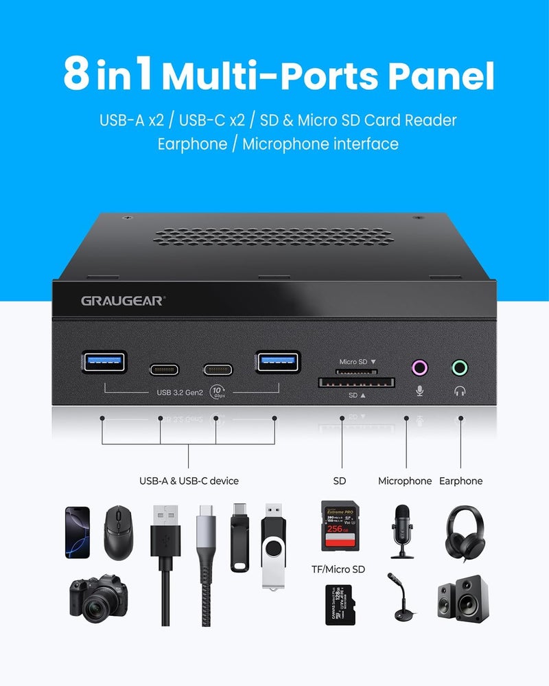 GRAUGEAR 5.25 Inch 10Gbps USB 3.2 PC Front Panel Card Reader with Audio Ports, SD/microSD Internal Card Reader, USB3.2 Type-E Key-A 20-Pin Header & USB3.0 Header & 15-Pin SATA Power Connector Required - Image 5